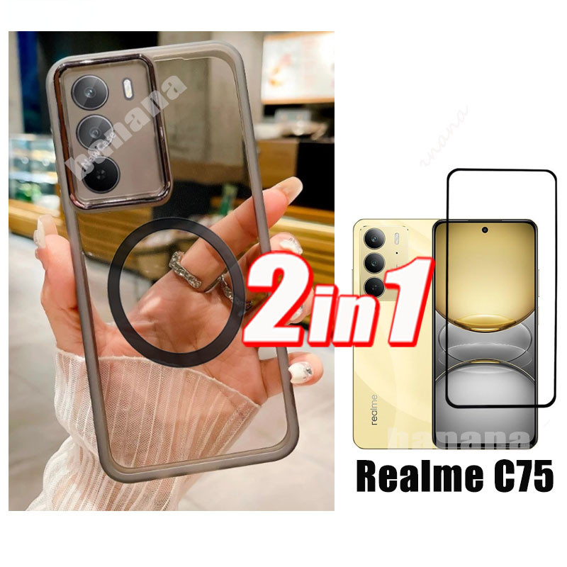 2 in 1 Relme C75 Shockproof Phone Case With Ring Iron Sheet Magnet Relame Note 60 50 C63 C61 Anti-Spy Privacy Tempered Glass. 