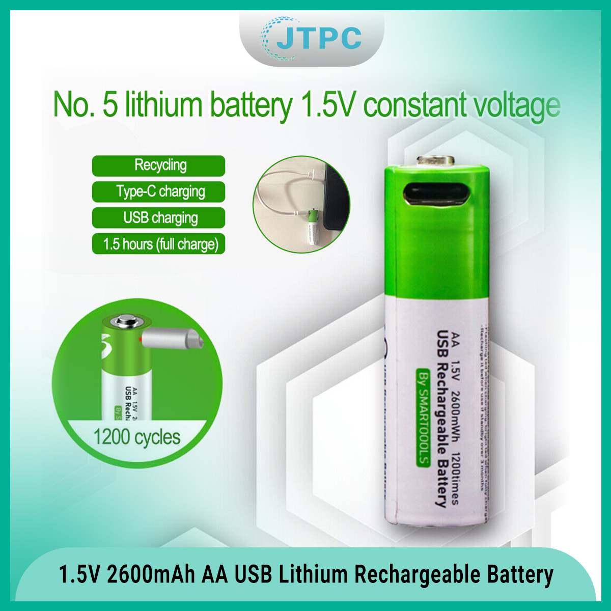smartoools 1.5V Type-C Rechargeable Batteries AA (2-Pack) With Type-C Cable. 