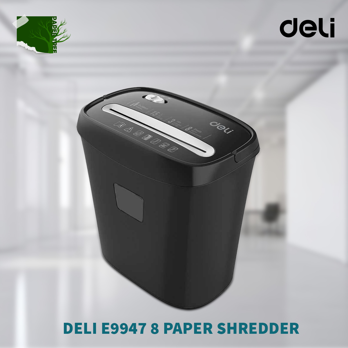 Deli E9947 8 Sheet Black Paper Shredder. 