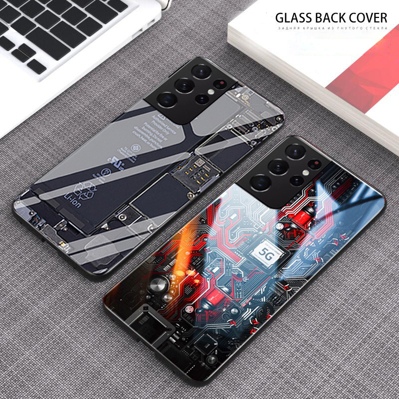For Samsung Galaxy S21 Ultra Case Explorer Version Theme Back Cover Tempered Glass Protector Back Cover for Samsung S21 Ultra Back Cover Clear Circuit Board Design Full Coverage For s. 