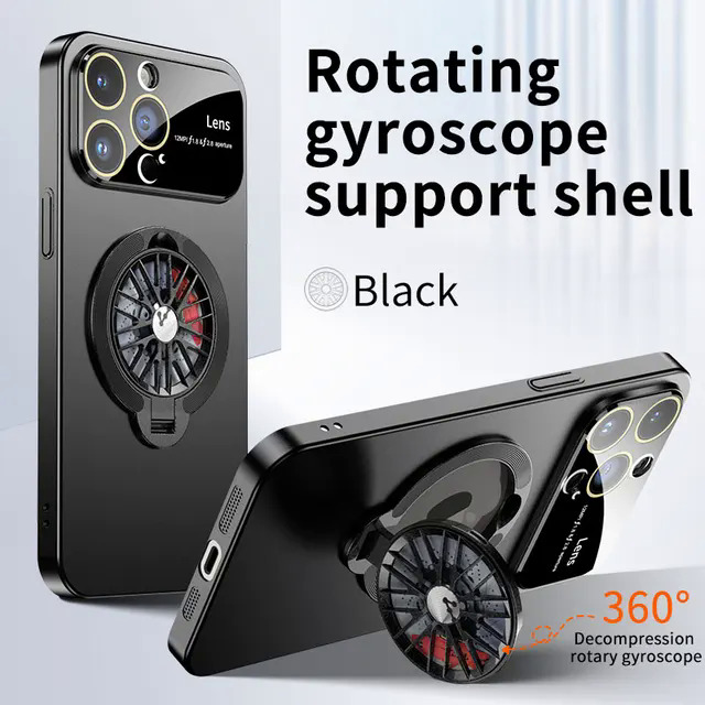 【Buried Buzie】Gyroscope Magnetic Stand Phone Case For iPhone 11 12 13 14 15 Pro Max Plus Lens Protection Frosted PC Rotatable Gyro Cover Funda. 