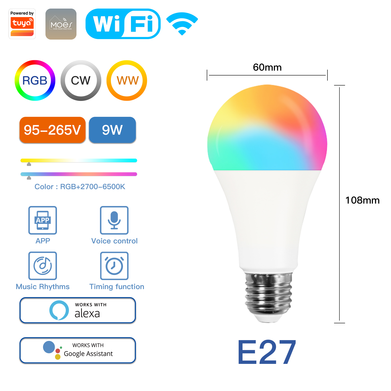 MOES WiFi Zigbee LED Light Bulb GU10 E27 E14 Candle Lamp Smart RGB RCW 2700-6500K Dimmable Light Tuya Alexa Google Voice Control. 