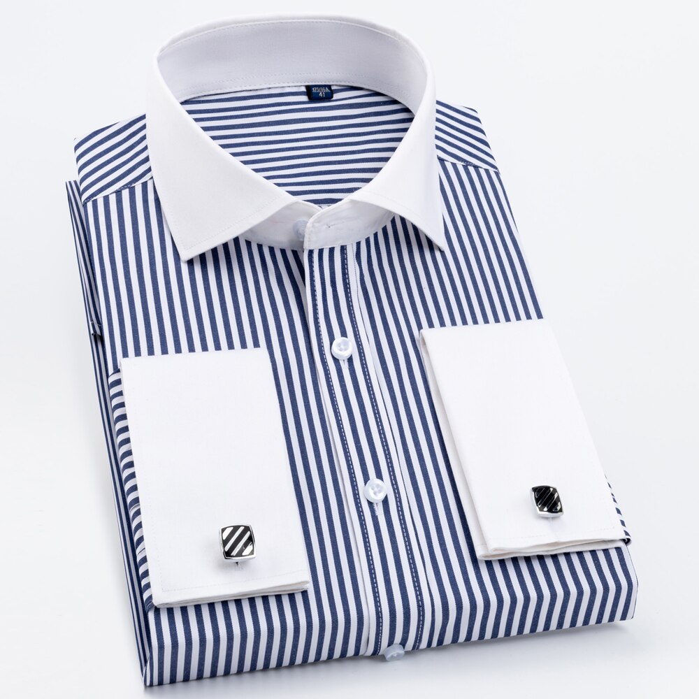 Men's Striped Spread Collar French Cuff Shirt Without Pocket Formal Business Long Sleeve Standard-fit Dress Shirts. 