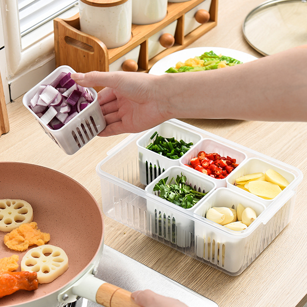 Refrigerator Six-point Grid Storage Fresh Boxes Drain Division Basket Storage Containers Kitchen Box. 