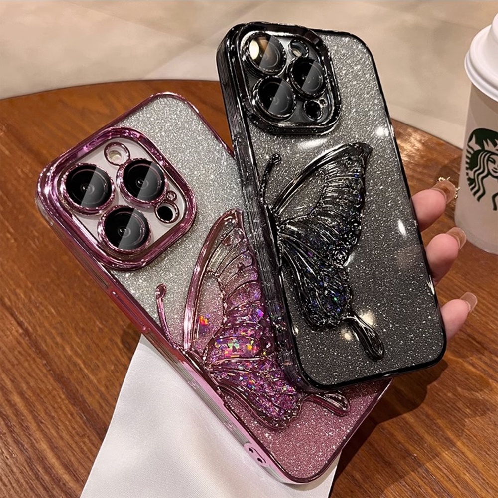 Gradient Glitter Butterfly Phone Case for IPhone 12 13 14 15 Pro Max Soft TPU Case with Camera Protector Shockproof Cover. 