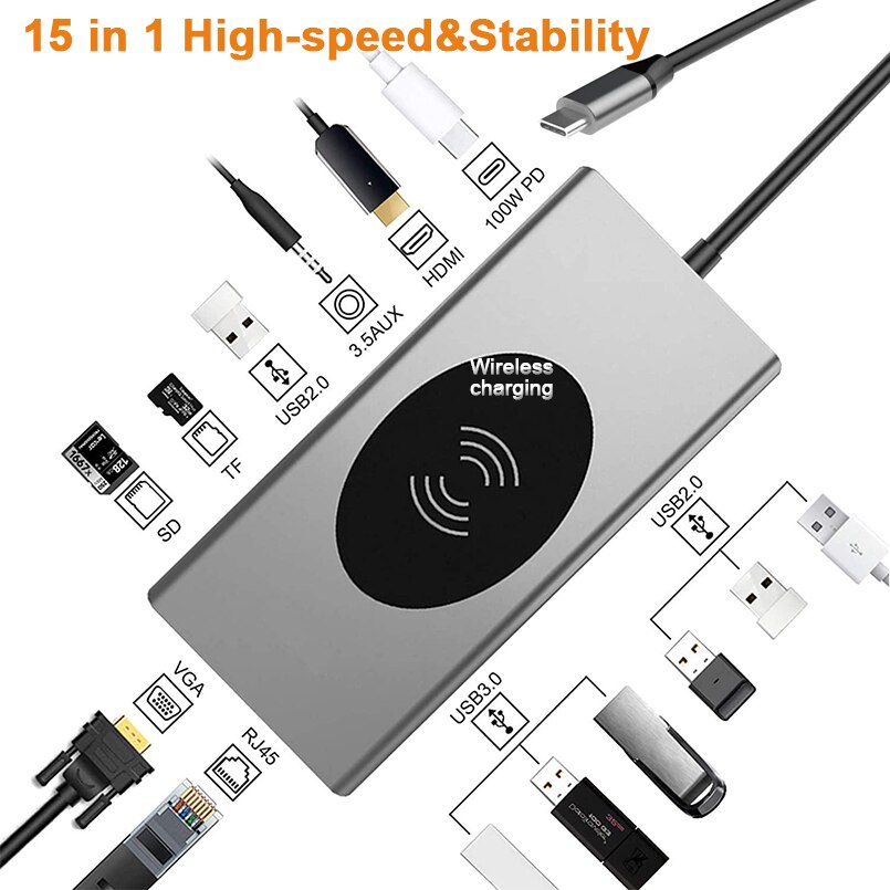 15 In 1 USB C Hub Adapter USB-C Docking Station With 4K HDMI VGA RJ45 Wireless Charger 100W PD SD TF For MacBook Pro Huawei Mate