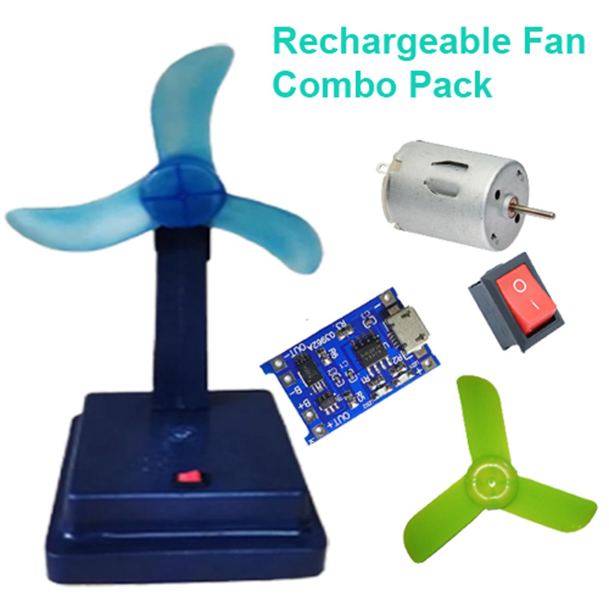 Rechargeable Fan Combo Pack - (3.7v DC Motor + Propeller Fan + TP4056 Charging Module + Casing Holder + Rocker Switch)