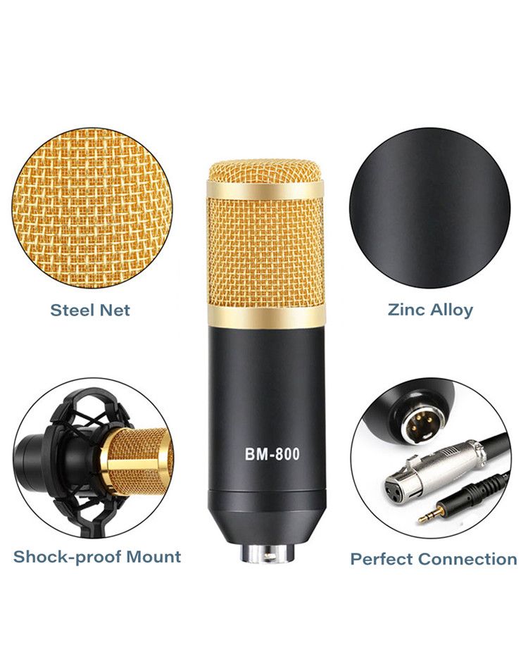 BM-800 Condenser Microphone Full Studio With V8 Sound Card Audio Interface External Usb Live Microphone Sound Card with Bluetooth Function with Smartphones Connections Full Package Setup for Youtuber/ Bloger/Siging/ Studio Recording. 
