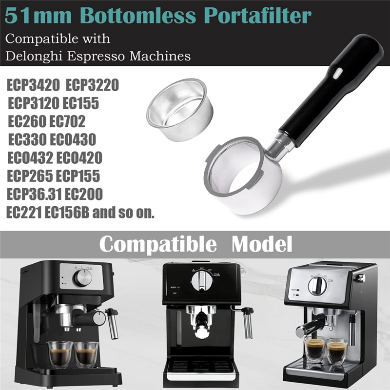 51mm Bottomless Portafilter 2 Ears for Delonghi ECP3420/EC155/BCO430/EC260, Espresso Portafilter Accessories. 