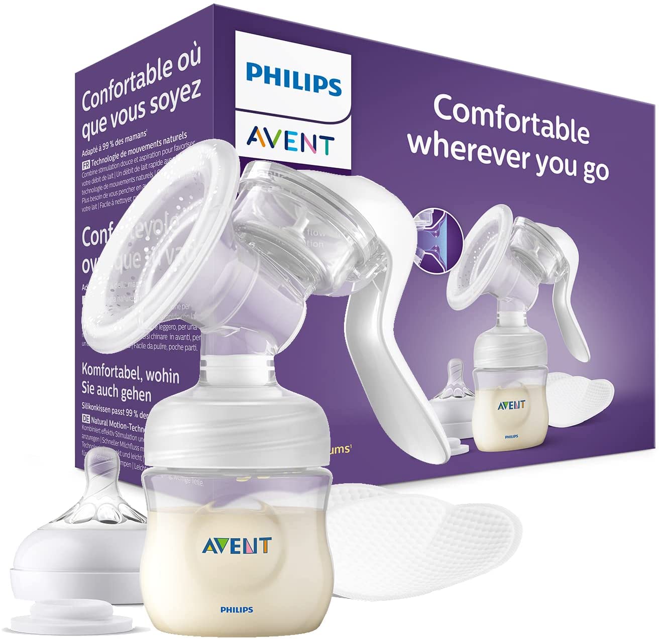 Philips Avent Comfort Manual Breast pump, Natural Motion technology, combines suction and nipple stimulation, soft cushion adapts to all size, SCF430/01