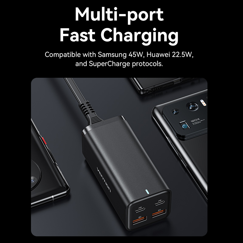 Vention 100W GaN Charger fast Charger Type C Adapter iphone Four ports fast charging  2USB-C + 2USB-A Charger Macbook Samsung Xiaomi Huawei Vivo Charger Adapter USB Plug Socket USB C Adapter Quick PD Charger. 