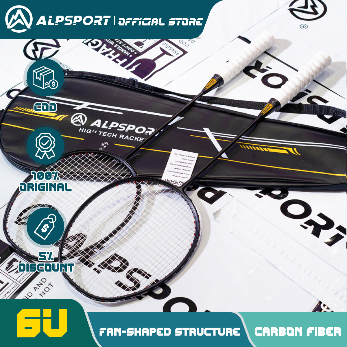 ALP-SPORTS XHP Pro 6U Carbon Fiber Badminton Racket (72g) - 2-3 Years Durability, 285mm Balance, Pre-Strung for Power & Control. 