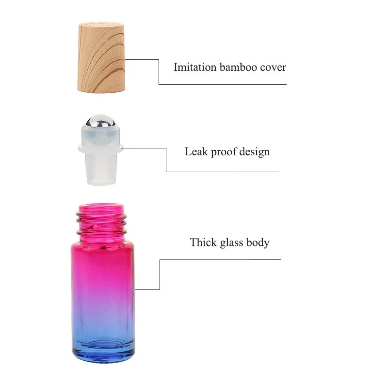 5/10/20/30/50pcs Thick Glass Roll On Bottles 5ml Gradient Color Empty Bottle Roller Ball Bottle For Essential Oil Travel Kit. 
