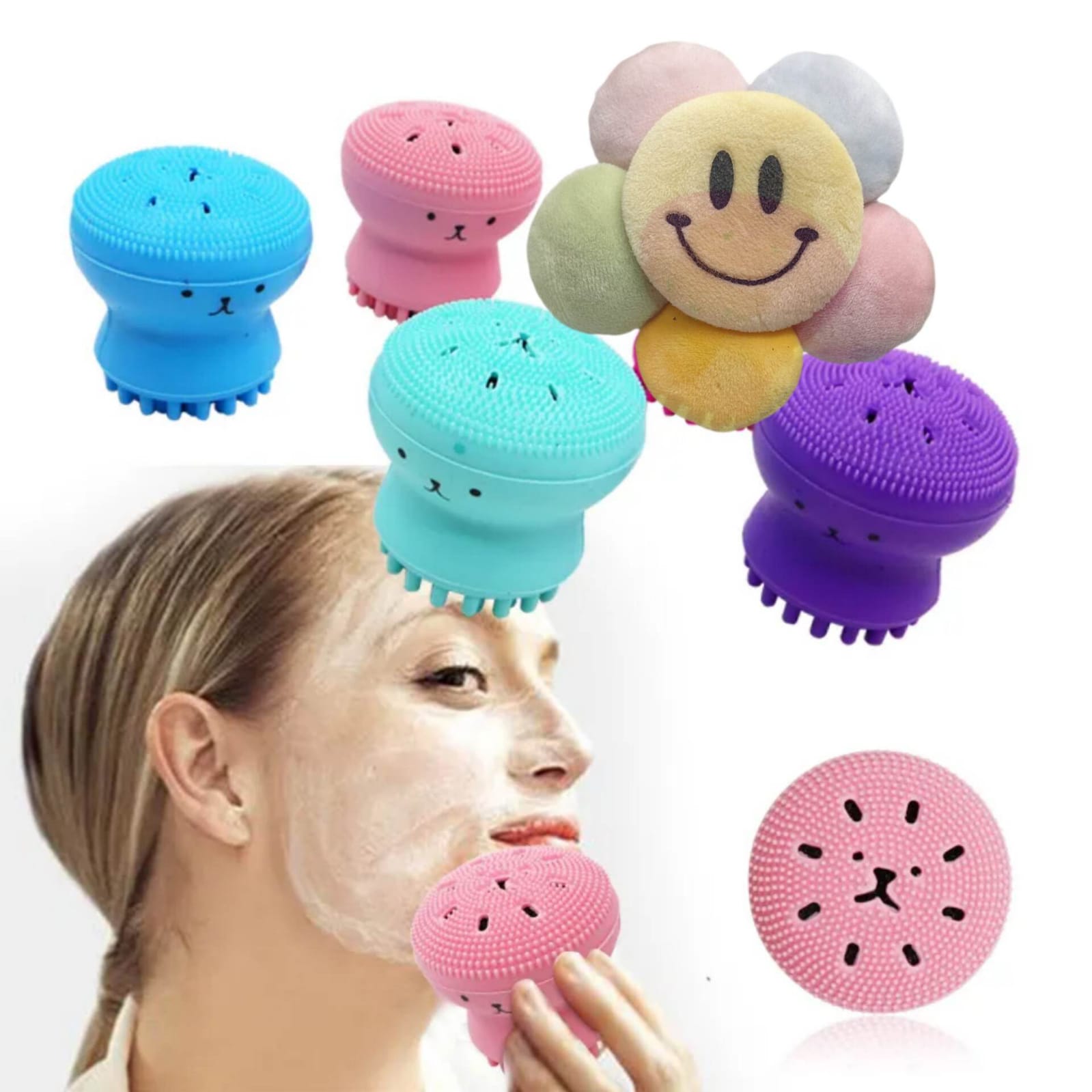 Facial Cleanser, Small Octopus Facial Cleansing Brush Pawfect Face Scrubber 3-in-1 Cute Silicone Pore Cleanser, Exfoliator, and Massager With Sponge Korean Skincare Tool. 