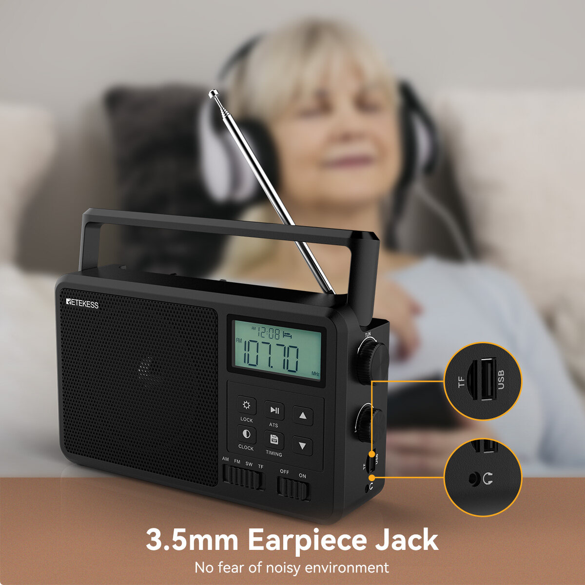 RETEKESS TR638 Portable Bluetooth Radio, AM FM Shortwave Radio with Backlight LCD Display, Large Knob Digital Radio for Home Elders Support External Antenna, TF Card and USB. 