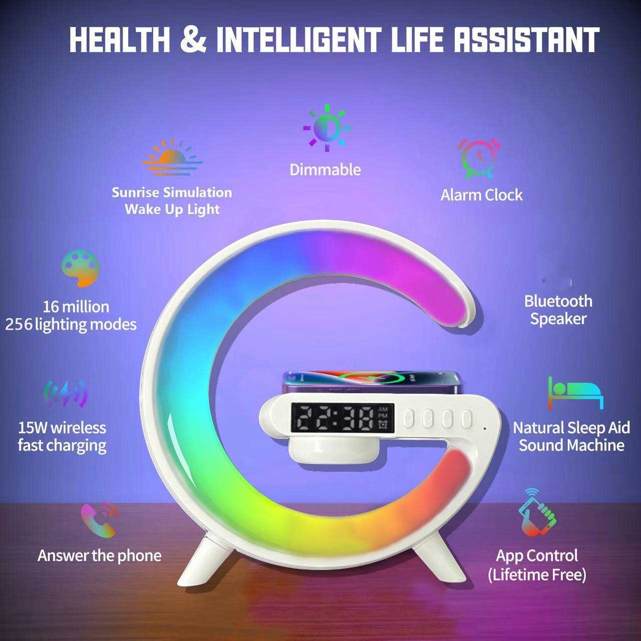 Doomhot G63 4 In 1 Bluetooth Speaker 10W Multifunctional Wireless Charger LED Atmosphere RGB Night Light Alarm Clock Desk Lamp Bluetooth Speaker  Wireless Charging Modern Speaker. 