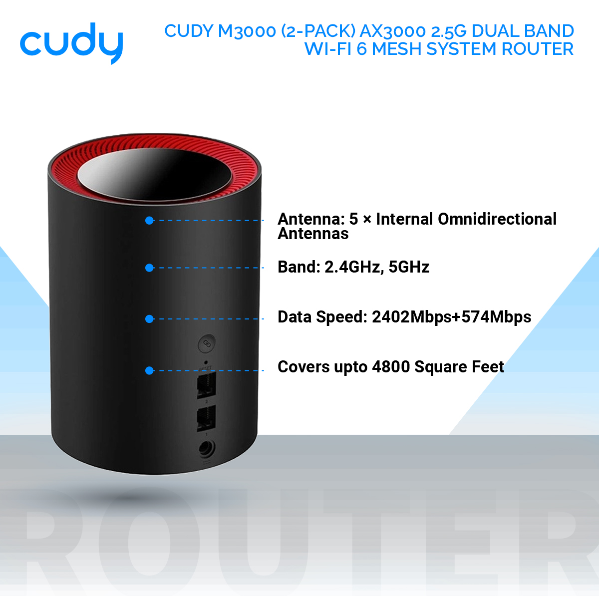CUDY M3000 (2-Pack) AX3000 2.5G Dual Band Wi-Fi 6 Mesh System Router. 