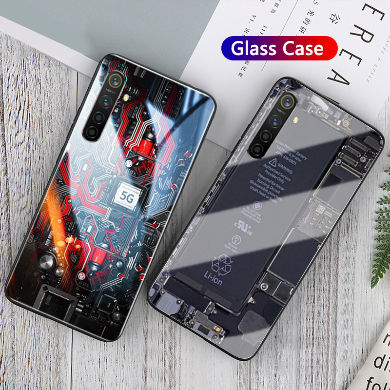 For Realme XT Back Cover Version Theme Case Tempered Glass Protection shockproof Cover for Realme XT case Transparent Circuit Board Design Full Coverage Phone cases. 