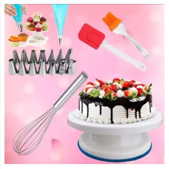 Cake decoration tools Combo Set/1x trun table 1x Hand-Held Egg Beater Steel -Silver 1x Oil Brush & Spatula Set 1 x Cake Nozzle Set 100 piece paper cup mold