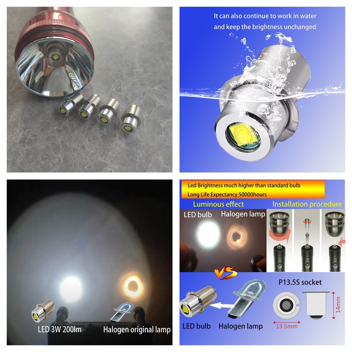 P13.5S Pr2 LED Bulb 3W Upgrade LED Flashlight Bulb Maglite LED Conversion Kit Mag Light LED Bulb 2-16 C D Cells Maglite Torch. 