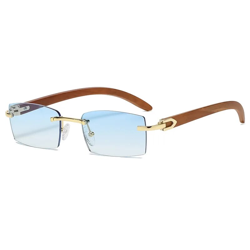 Rectangle Fashion Rimless Sunglasses for Women Men Gangster 90s Frameless  Shades Retro Vintage Trendy Wooden Frame Eyewear