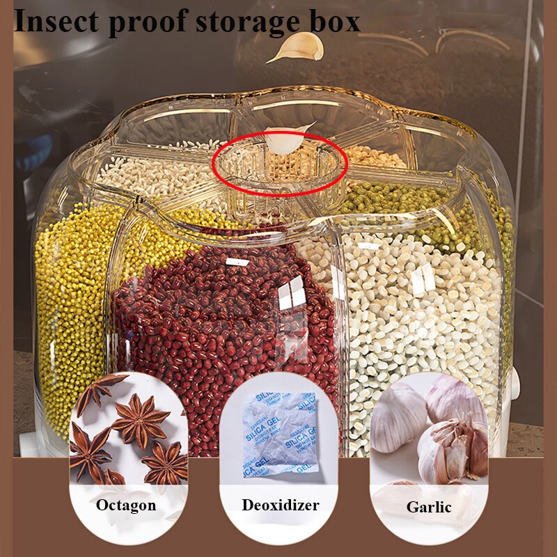 6-Grid Rotating Grid Grain Rice Dispenser Sealed Cereal Separate Bucket Dry Food Container Round Rice Storage Tank Storage Box. 