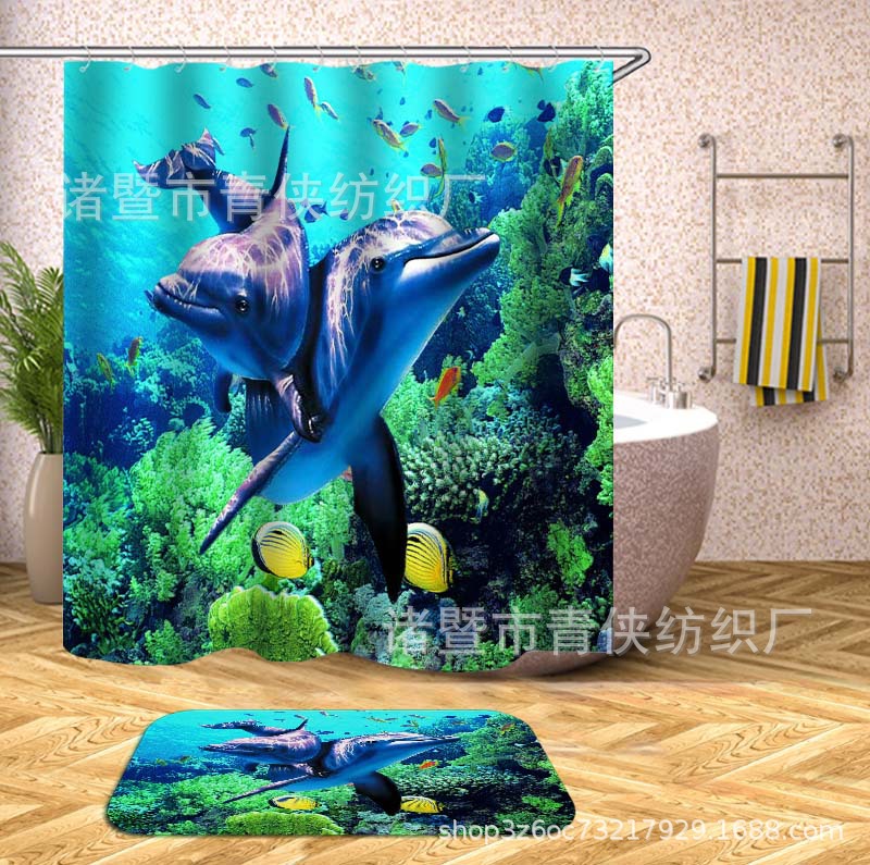 Factory e-commerce wholesale volume, high price, excellent polyester digital printing shower curtain floor mat four-piece set, toilet three-piece set, dolphin. 