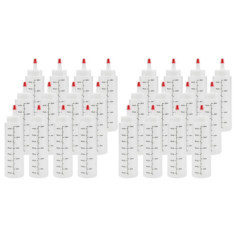 24-Pack 8 Oz Condiment Squeeze Bottles with Red Tip Cap - Durable Plastic Squirt Bottle for Ketchup, Sauces, Syrup. 