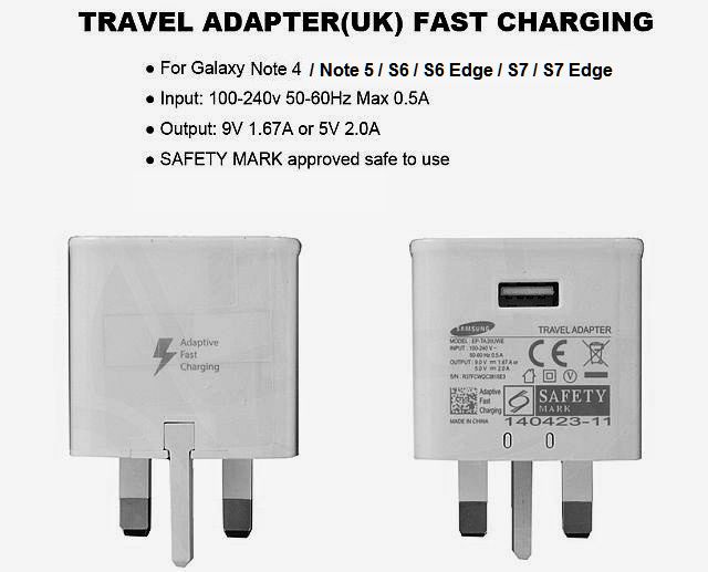 Samsung S7 / S7 Edge/ S6 / S6 Edge 3 Pin 15 Watt Fast Charger With Data Cable. 