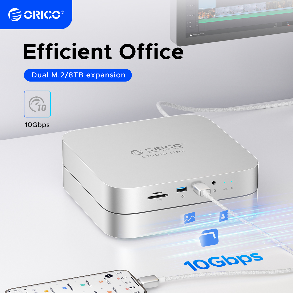 ORICO USB C HUB USB3.2 10GB SD/TF3.0 8-in-1 Docking Station for Mac mini Chassis with M.2 NVME Solid State Drive