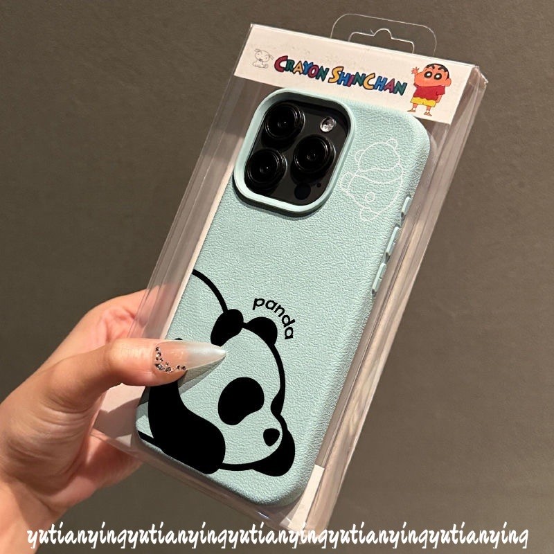 Cartoon Doodle Candy Color Simple Cute Lazy Panda Couples Case Compatible for IPhone 15 13 11 16 12 14 Pro Max 16 15 14 Plus XR X XS Max Luxury Leather Texture Skin Feel Soft Cover. 