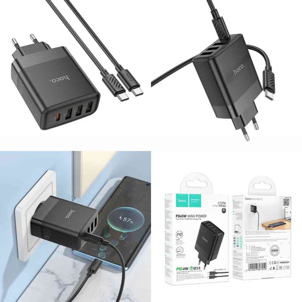 Hoco C127A PD45W 4 Ports (1C3A) Fast Charger With Type-C To Type-C Fast Charging Cable(1m). 