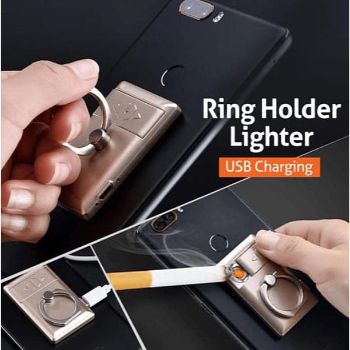 Mobile Ring Holder+USB Lighter 2 in 1 Rechargeable Flameless Ring Lighter Windproof Metal Finger Grip 360 Degree Rotation. 