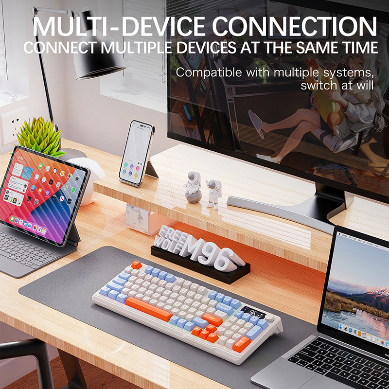 FREEWOLF M96 Wireless Bluetooth Dual-Mode Keyboard PBT Keycap Screen Knob Lithium Battery Backlight Multi-Device Gaming. 