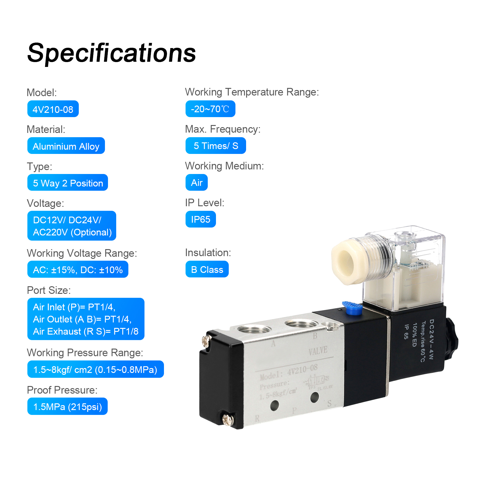 Pneumatic Air Control Solenoid Valve DC 24V PT1/4'' 5 Way 2 Position Internally Piloted Acting Type Single Electrical Control. 