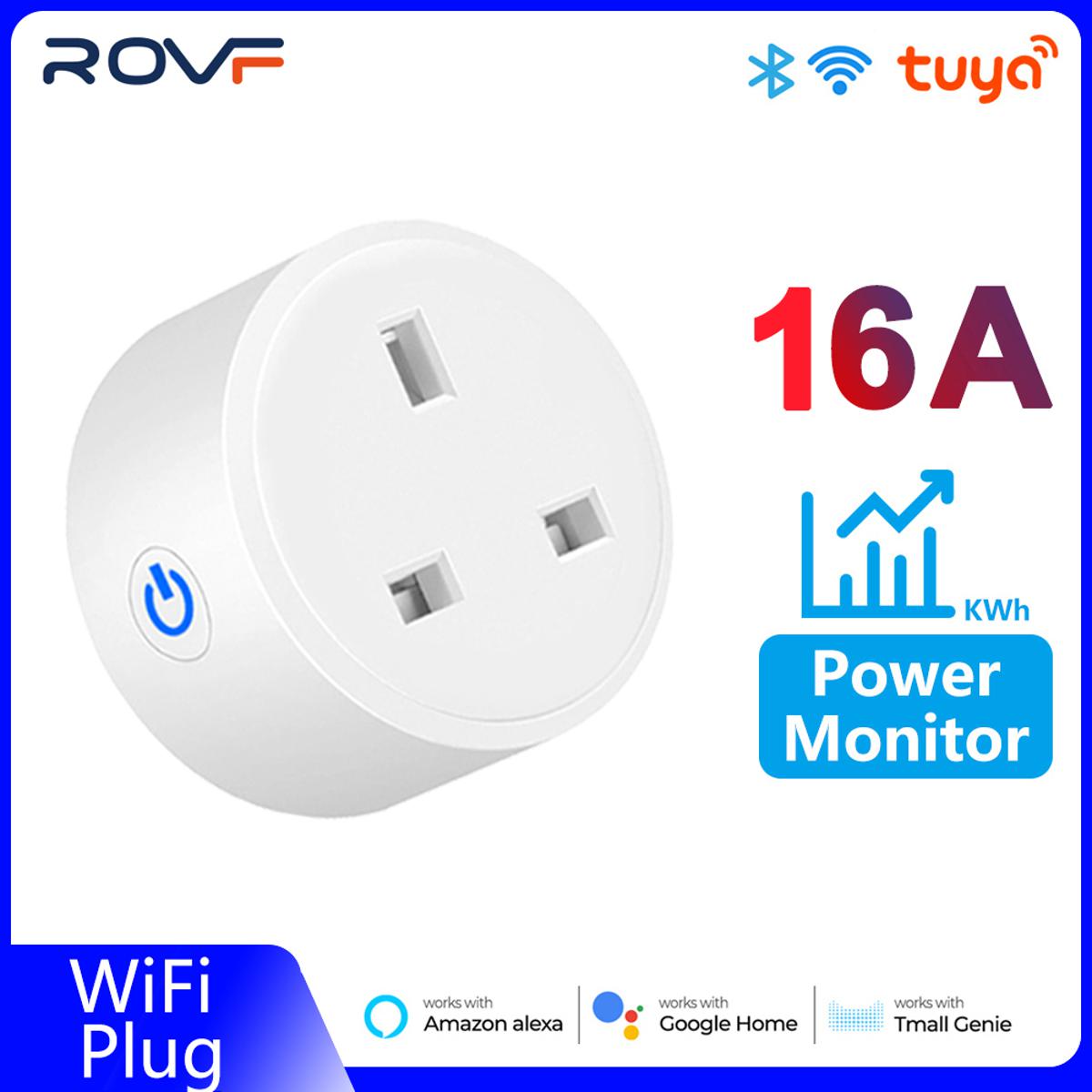 ROVF - 3 Pin Smart Wifi Plug - Wall Socket Switch - 16A/20A - UK Plug - Power monitor Remote Control - Work for Alexa Google Home Assistant. 