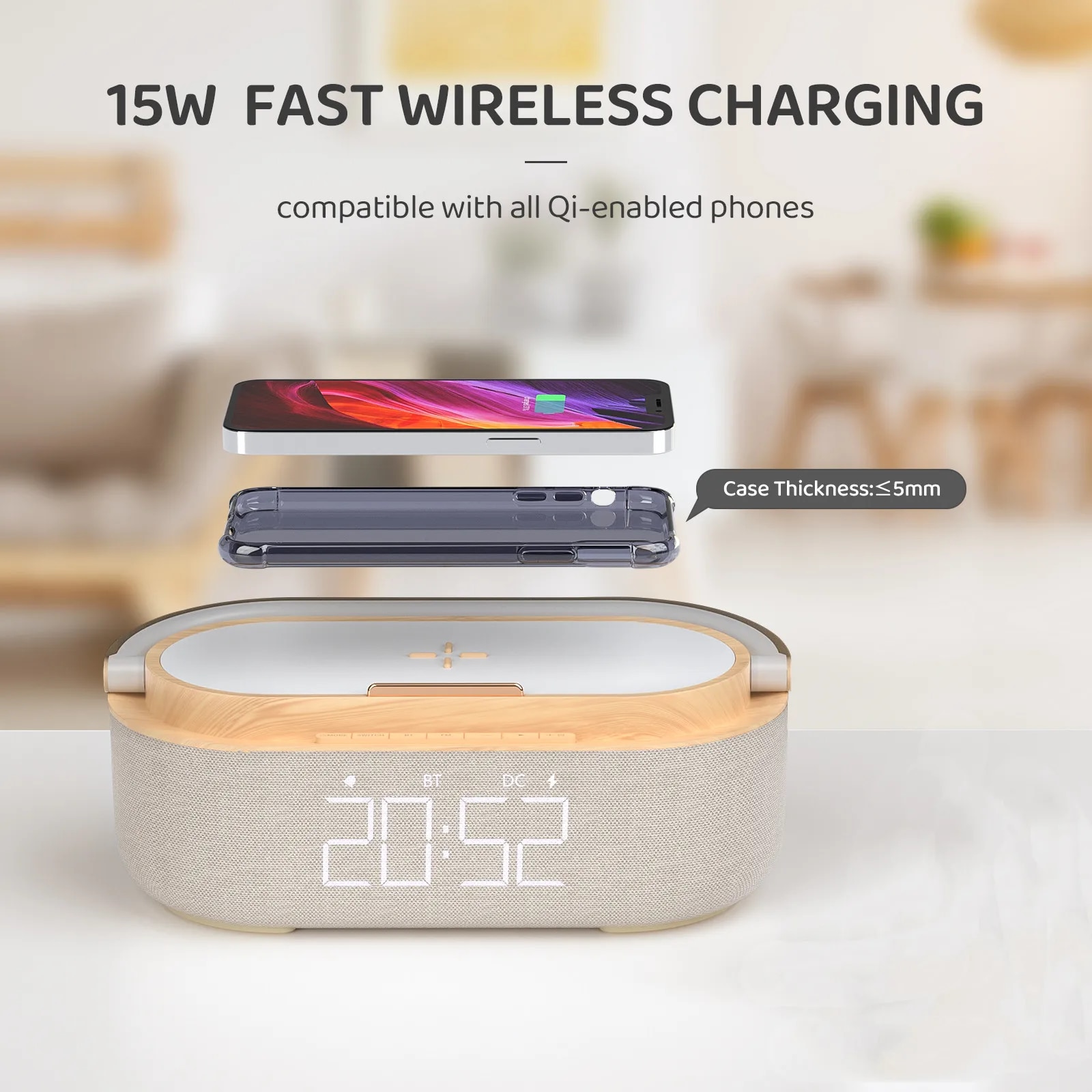 Digital Alarm Clock Radio Bluetooth Speaker Wireless Charger Snooze LED Display for Samsung Xiaomi Huawei 30W Fast Charge New