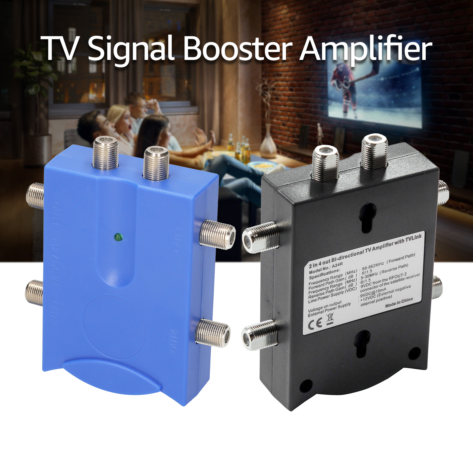Bi-directional TV Amplifier 2 Inputs TV Antenna Signal Booster with 4 Outputs Low Noise TV Signal Splitter Antenna Signal Booster with Reverse Path for Indoor Use. 