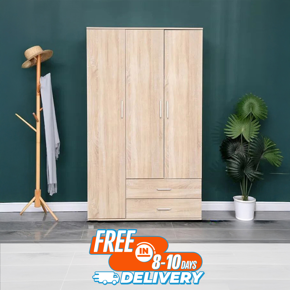 Unique Selections - Premium Quality 3 Door Almirah / Wardrobe with Drawer, Shelves & Hanging Space for Clothes Wooden Utility Cupboard