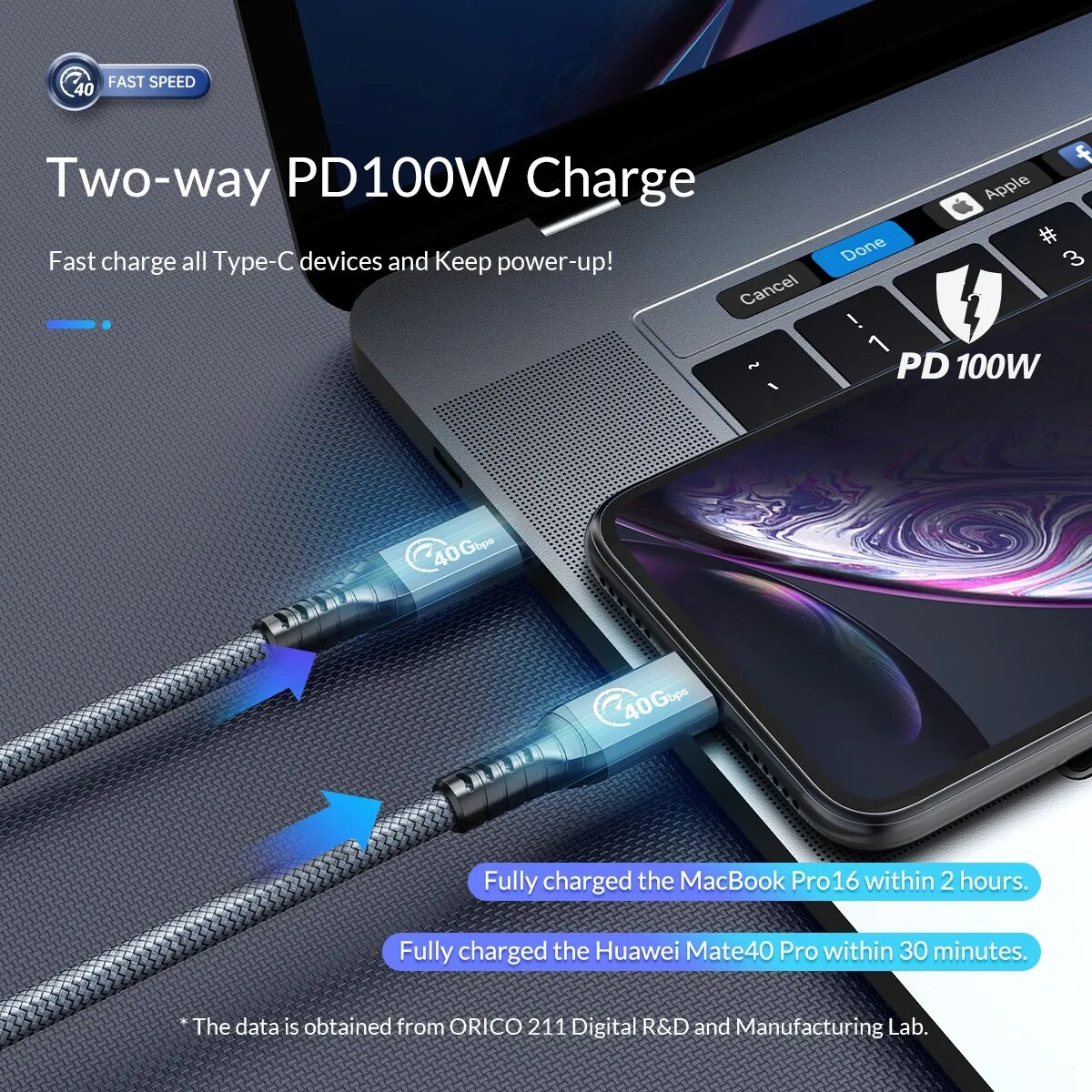 ORICO Thunderbolt 4 40Gbps USB C Cable with 100W PD Charging Display 8K@ 60Hz for MacBooks iPad Pro Huawei. 