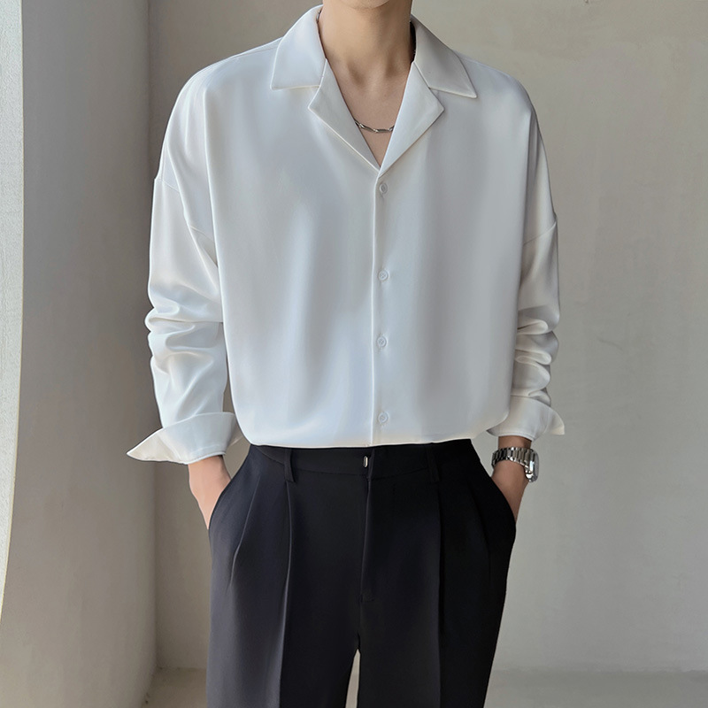 Solid color Cuban collar long sleeved for men stylish casual in summer no ironing with smooth drape and a light mature style. Korean version ice silk shirt. 