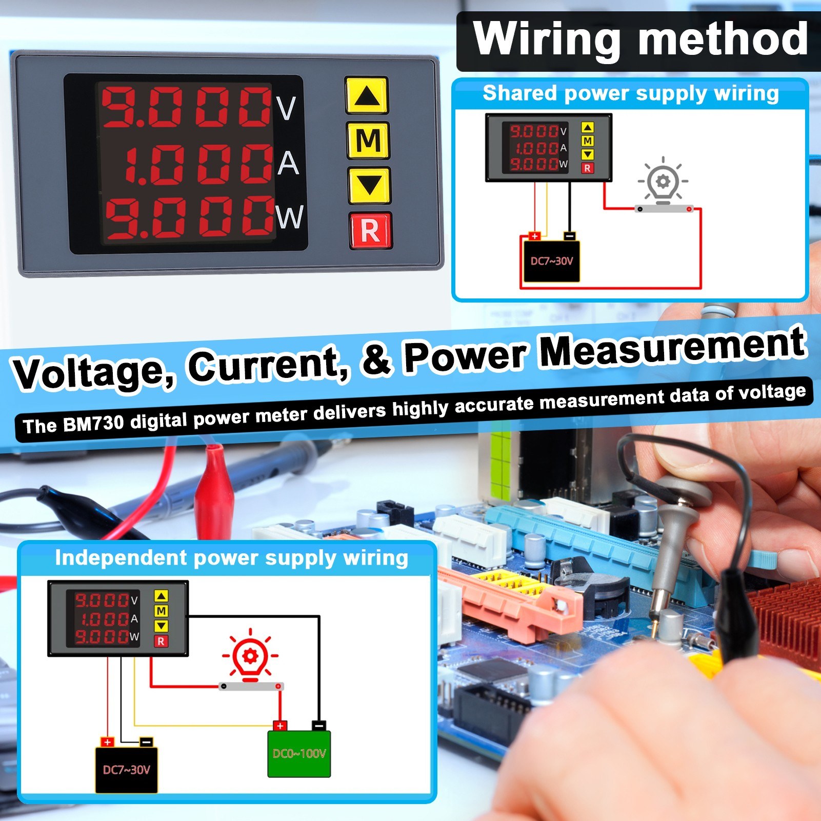 BM730 3in1 Voltage Current Power Meter 4-digit Digital Voltmeter Multifunctional Ammeter with Buzzer Supports Voltage and Current Display Fine Adjustment with Low Voltage Overvoltage and Overcurrent Sound Alarm Function. 