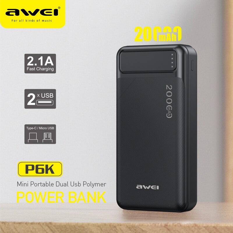 Awei P6K 20000mAh Fast Charging Dual USB Port Powerbank Micro USB and Type C Input Power Bank Black