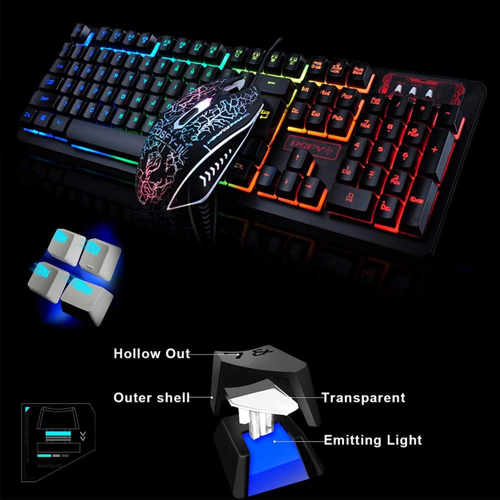 [BD]UrChoiceLtd K-13 Keyboard Mouse Combo Rainbow Backlit Multimedia Ergonomic Usb Gaming Keyboard + Wired 2400DPI 4 Buttons Optical LED Usb Gaming Mouse Sets + Gaming Mouse Pad 220*180*5mm Standard Size. 