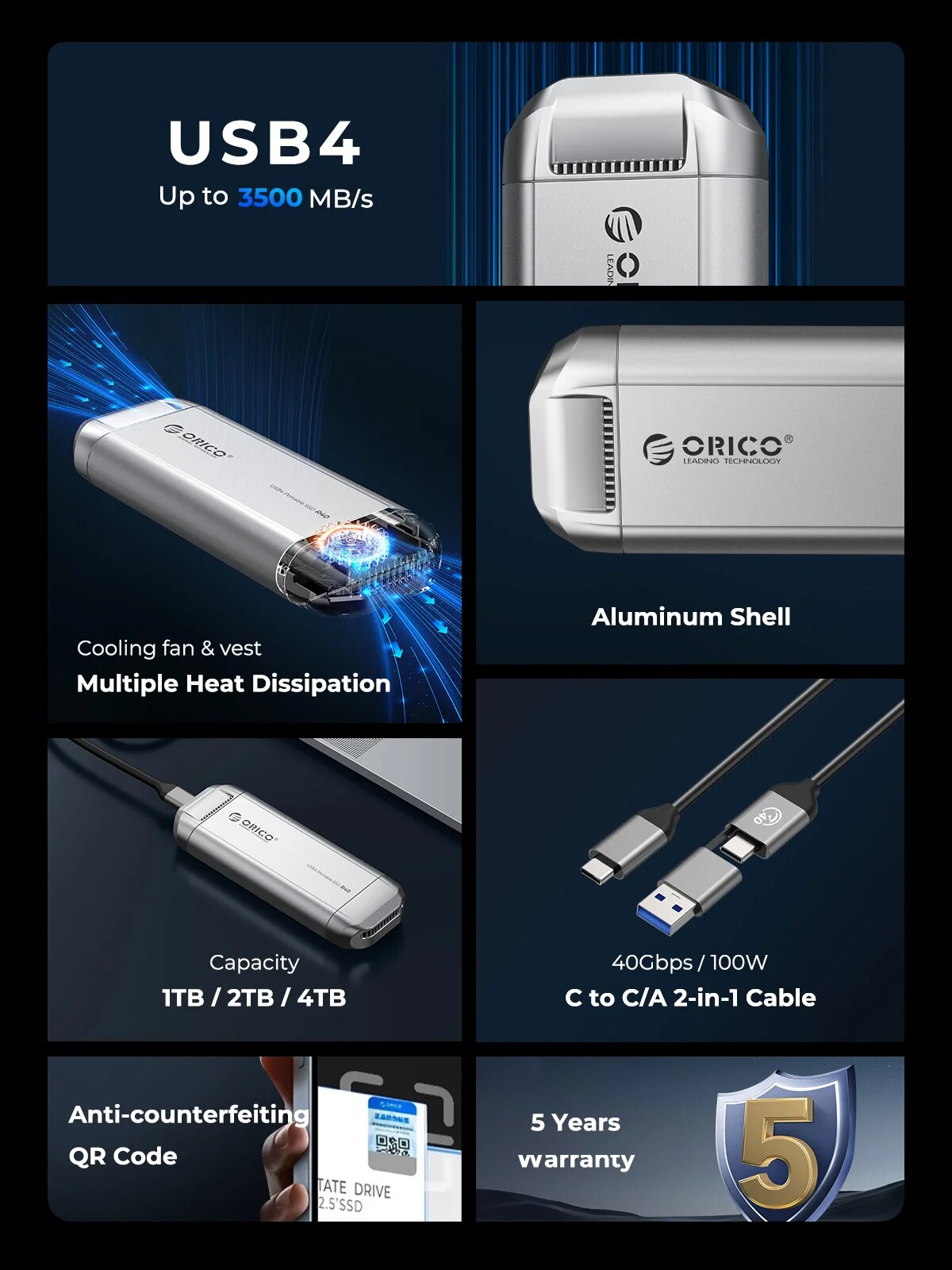 ORICO Silverstone Portable SSD 3500MB/s External Solid State Drive 4TB 2TB 1TB Type- C Aluminum Alloy PSSD Built-in Cooling Fan. 