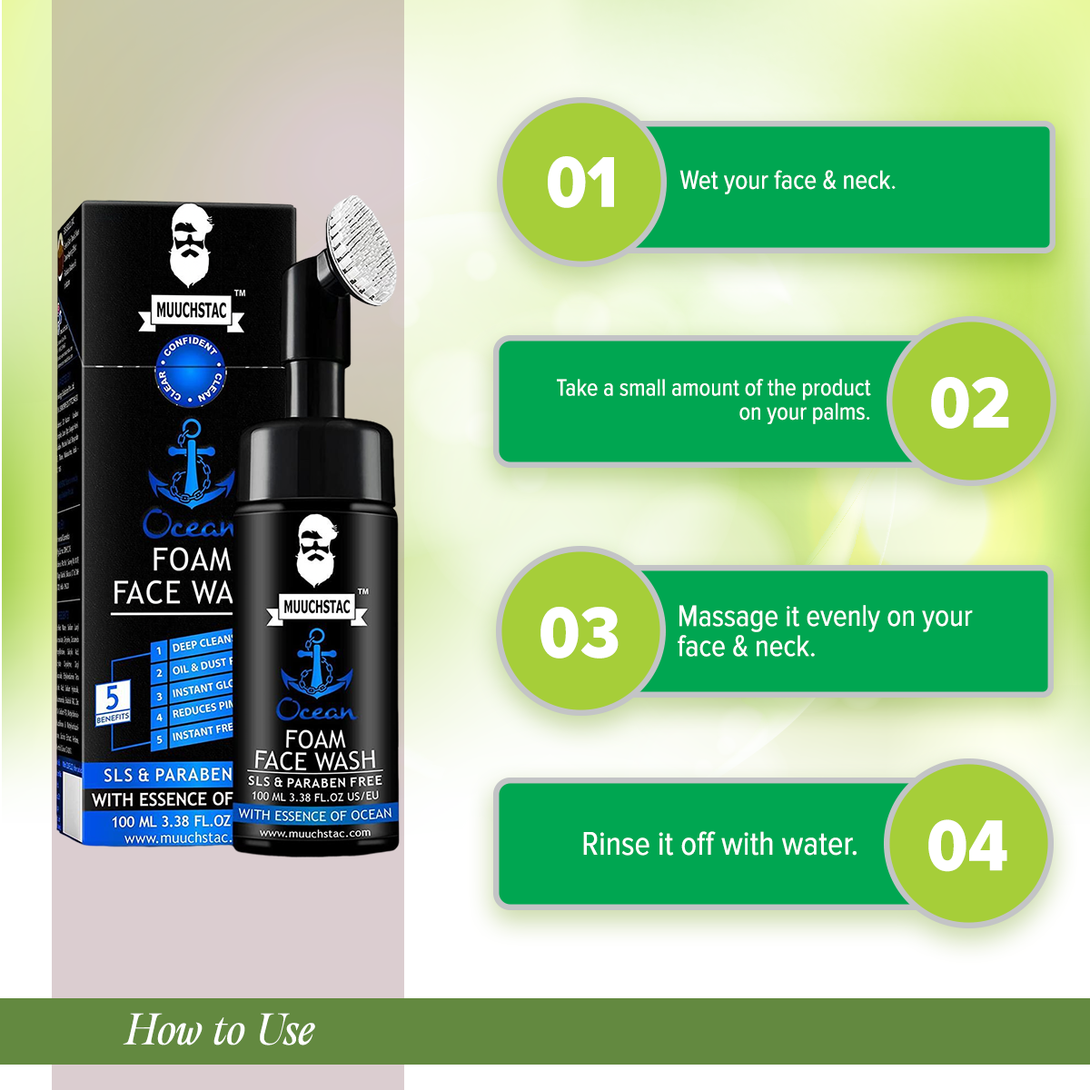Muuchstac Ocean Foam Face Wash For Men, Use Daily For Deep Cleansing, Fighting Acne & Pimple, Skin Brightening & Instant Freshness-100 ML. 