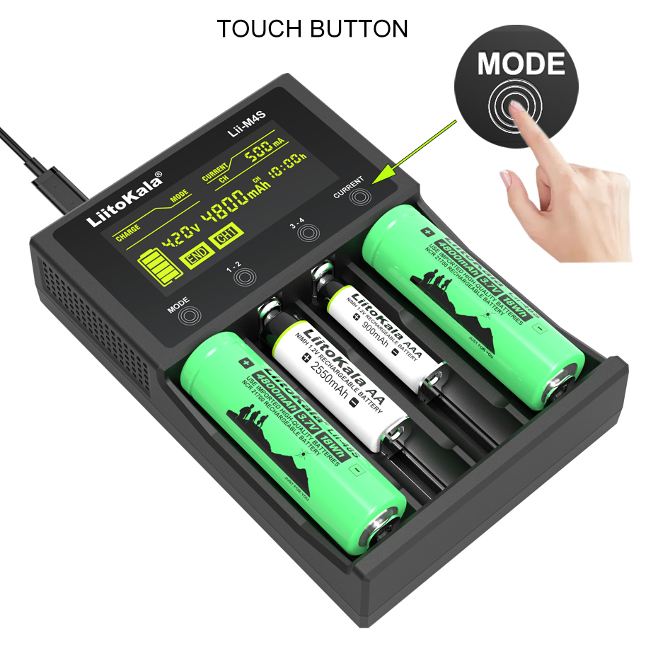 LiitoKala Lii-M4S LCD 18650 Charger 3.7V 18500 21700 26650 1.2V AA AAA NiMH Lithium-ion Battery Charger，USB Output，Touch Buttons. 