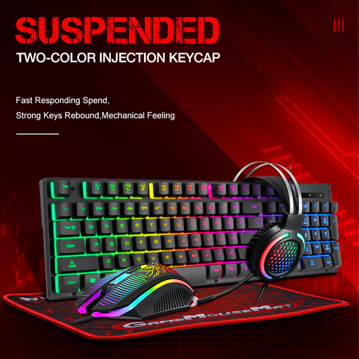 T-Wolf TF400 4Pcs Gaming Devices Set 104 Keys LED Backlit Gaming Keyboard 2400 DPI Mouse 50mm 3.5mm Wired Headset Anti-slip Mouse Pad Combo MA. 