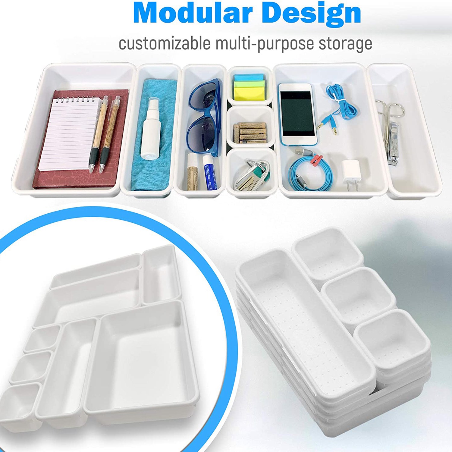 Drawer Organizer (8 PCS) -Tray Drawer Dividers Snap Together. 