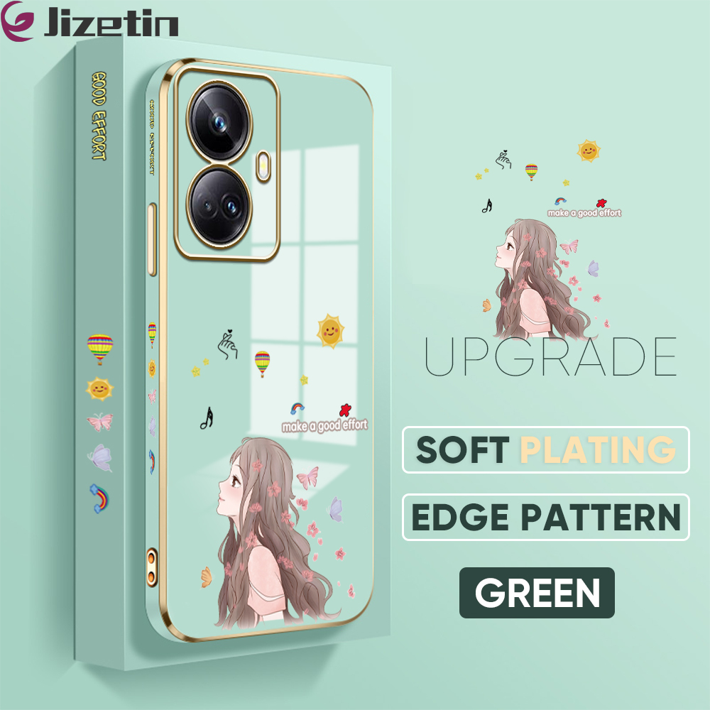Jizetin (Free Lanyard) Realme 10 Pro+ 5G Back Cover Butterfly Girl Luxury 6D Plating Case Side Pattern Soft Silicone Square Mobile Phone Cases